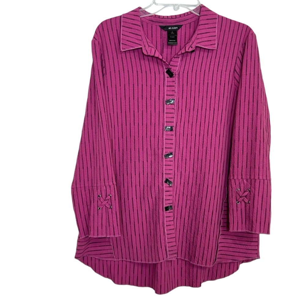 Ali Miles Lagenlook Oversized Art To Wear Stripe Shirt M Pink Stretch Relaxed